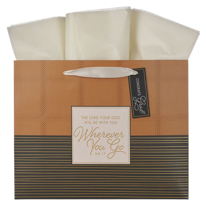 Wherever You Go Brown Striped Plaid Large Landscape Graduation Gift Bag - Joshua 1:9