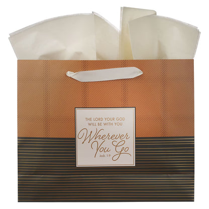 Wherever You Go Brown Striped Plaid Large Landscape Graduation Gift Bag - Joshua 1:9