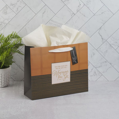 Wherever You Go Brown Striped Plaid Large Landscape Graduation Gift Bag - Joshua 1:9