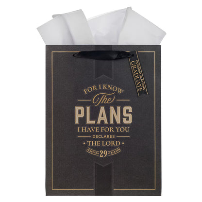 Charcoal and Gold Large Portrait Graduation Gift Bag - Jeremiah 29:11 - The Christian Gift Company
