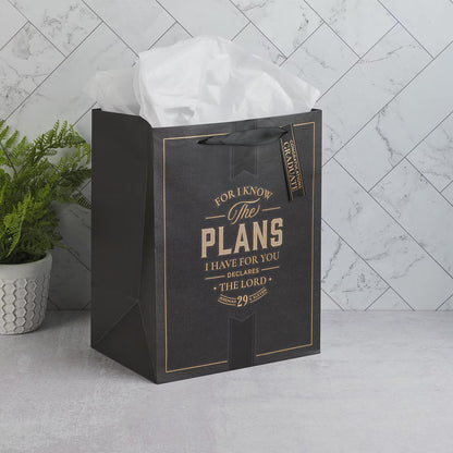 Charcoal and Gold Large Portrait Graduation Gift Bag - Jeremiah 29:11 - The Christian Gift Company