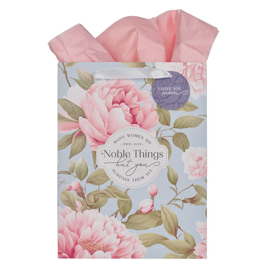 Noble Things Pink Peony Large Portrait Gift Bag - Proverbs 31:29 - The Christian Gift Company