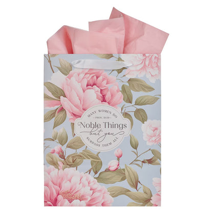 Noble Things Pink Peony Large Portrait Gift Bag - Proverbs 31:29 - The Christian Gift Company