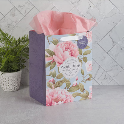 Noble Things Pink Peony Large Portrait Gift Bag - Proverbs 31:29 - The Christian Gift Company