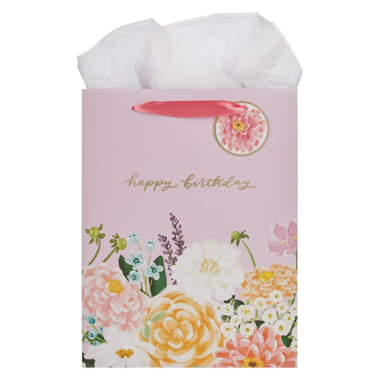 Happy Birthday Lilac Floral Large Portrait Gift Bag - The Christian Gift Company