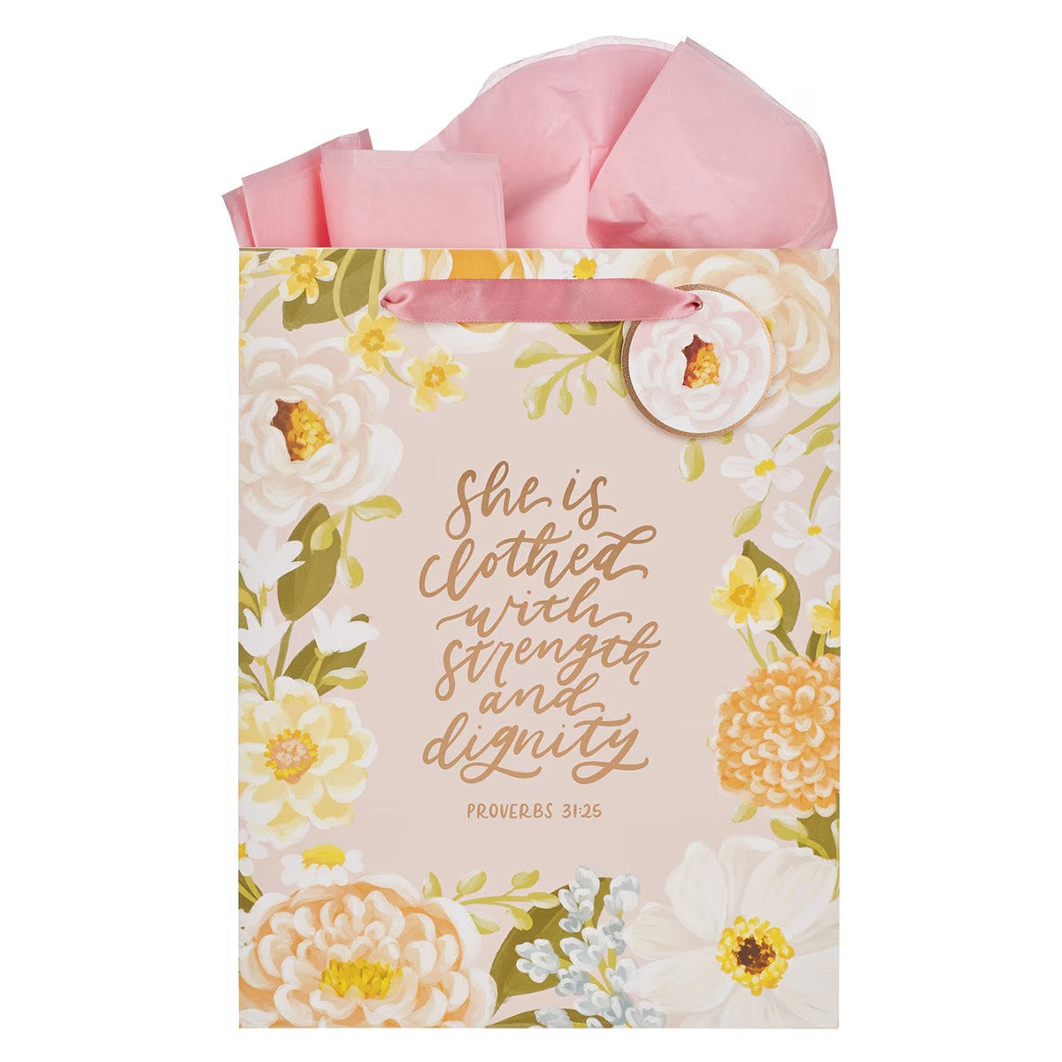 Strength and Dignity Pink Floral Large Portrait Gift Bag - Proverbs 31:25 - The Christian Gift Company