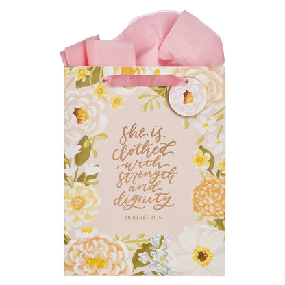 Strength and Dignity Pink Floral Large Portrait Gift Bag - Proverbs 31:25 - The Christian Gift Company