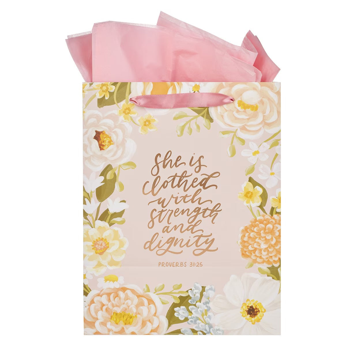 Strength and Dignity Pink Floral Large Portrait Gift Bag - Proverbs 31:25 - The Christian Gift Company