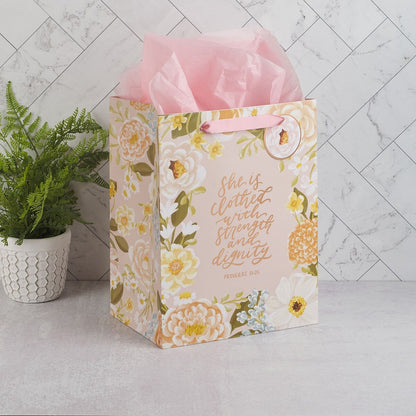 Strength and Dignity Pink Floral Large Portrait Gift Bag - Proverbs 31:25 - The Christian Gift Company