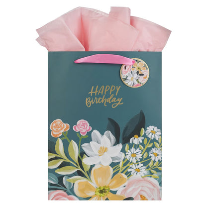 Happy Birthday Teal Floral Large Portrait Gift Bag - The Christian Gift Company