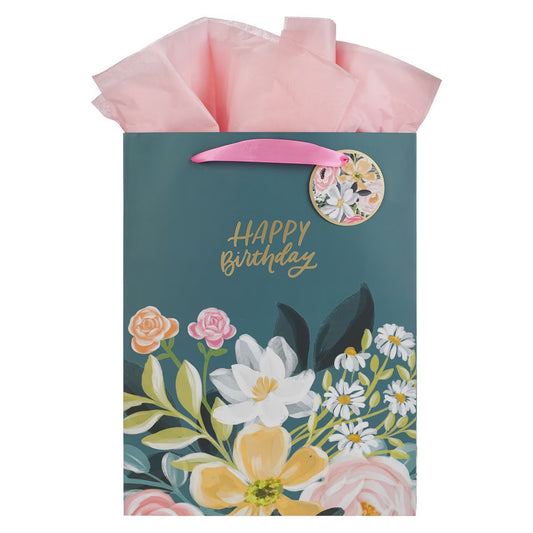 Happy Birthday Teal Floral Large Portrait Gift Bag - The Christian Gift Company