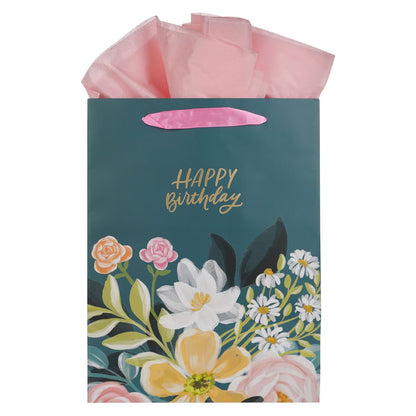 Happy Birthday Teal Floral Large Portrait Gift Bag - The Christian Gift Company