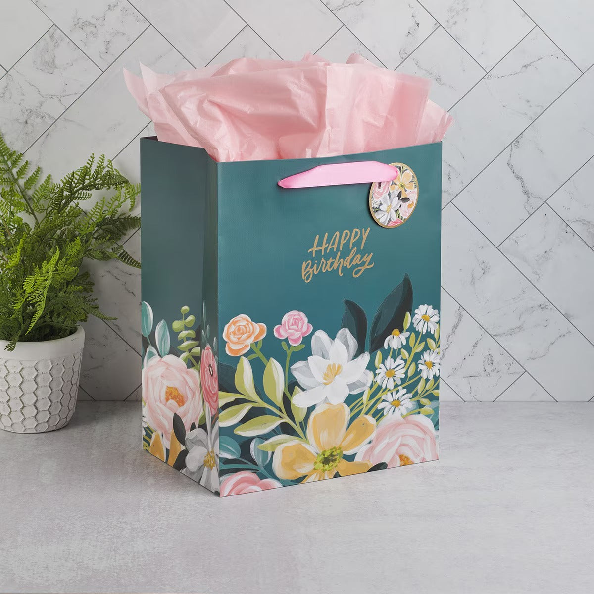 Happy Birthday Teal Floral Large Portrait Gift Bag - The Christian Gift Company