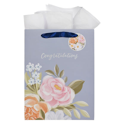 Congratulations Blue Floral Large Portrait Gift Bag - The Christian Gift Company