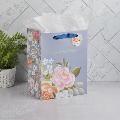 Congratulations Blue Floral Large Portrait Gift Bag - The Christian Gift Company