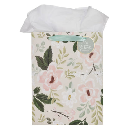 He is Our Peace Green Floral Large Portrait Gift Bag - Ephesians 2:14 - The Christian Gift Company