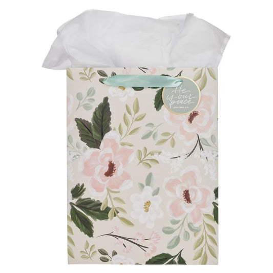 He is Our Peace Green Floral Large Portrait Gift Bag - Ephesians 2:14 - The Christian Gift Company