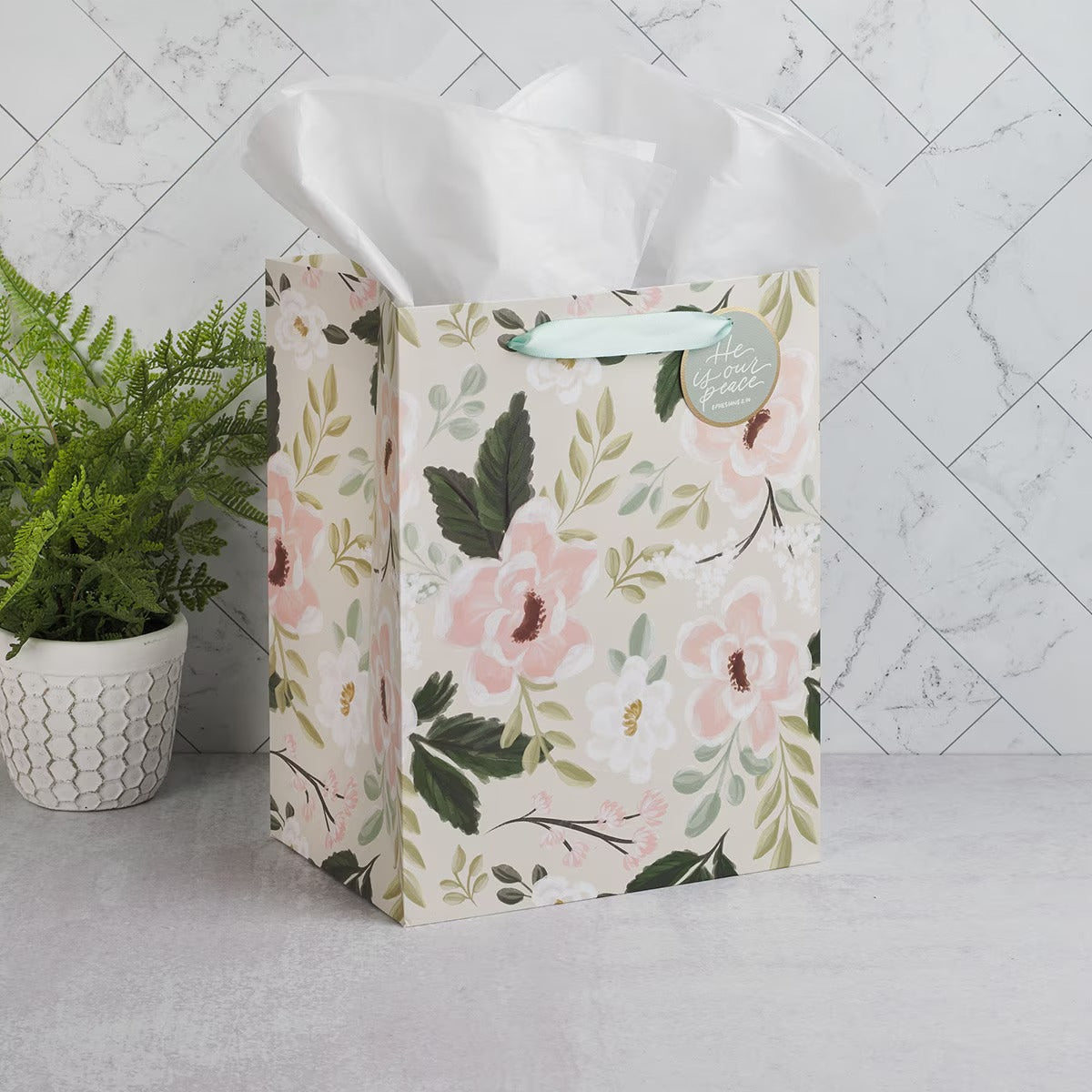 He is Our Peace Green Floral Large Portrait Gift Bag - Ephesians 2:14 - The Christian Gift Company