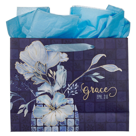 Grace Blue Floral Tile Large Landscape Gift Bag - Ephesians 2:8
