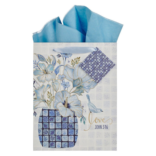 Love Blue Mosaic Tile Large Portrait Gift Bag - John 3:16 - The Christian Gift Company