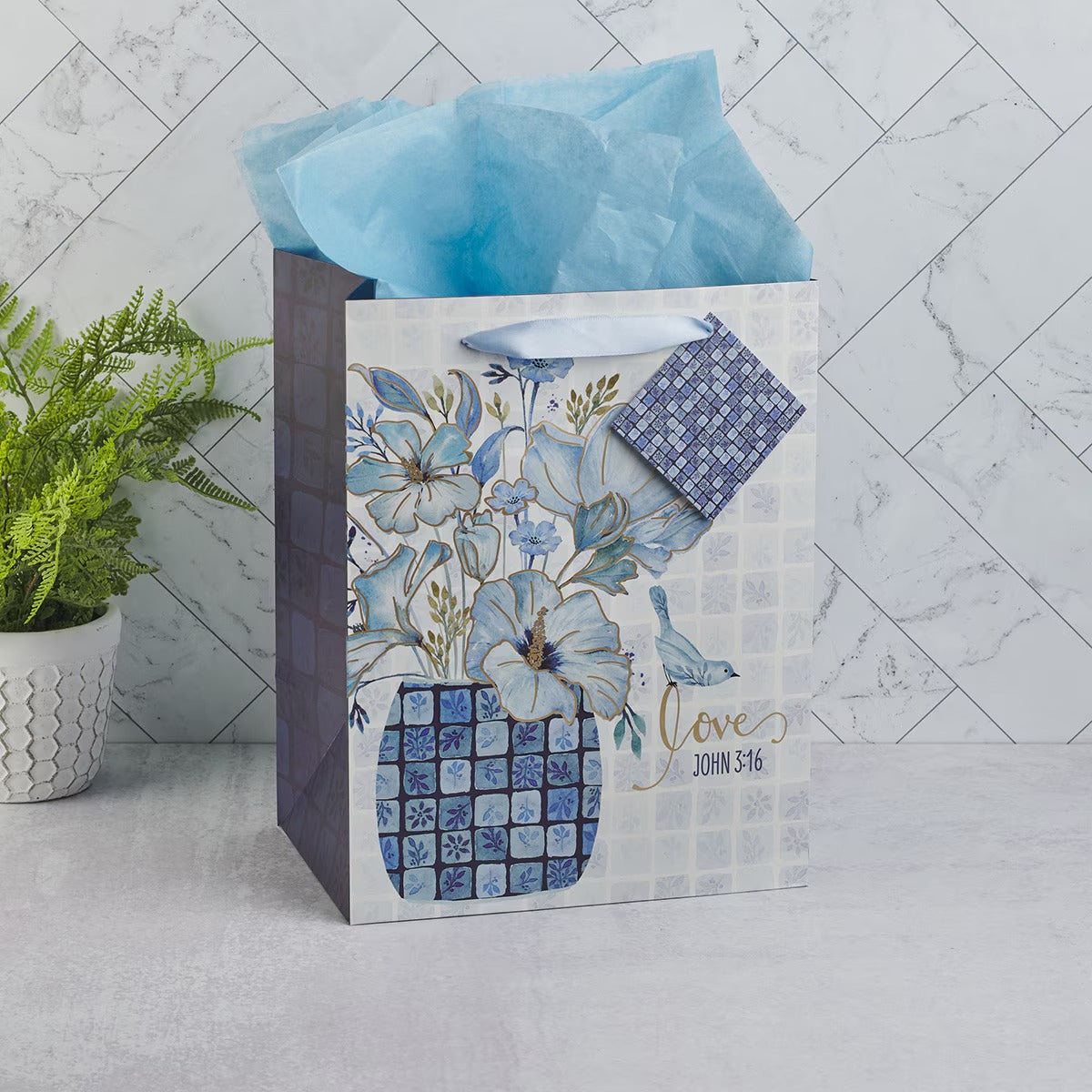 Love Blue Mosaic Tile Large Portrait Gift Bag - John 3:16 - The Christian Gift Company