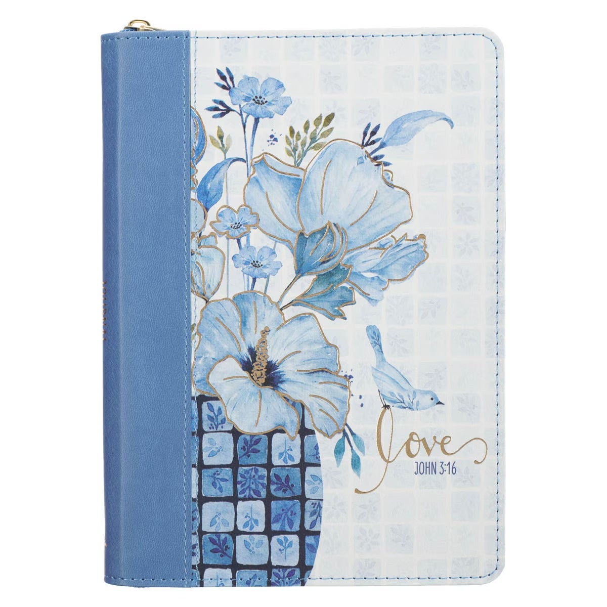 Love Blue Floral Tile Faux Leather Journal with Zipper Closure - John 3:16 - The Christian Gift Company