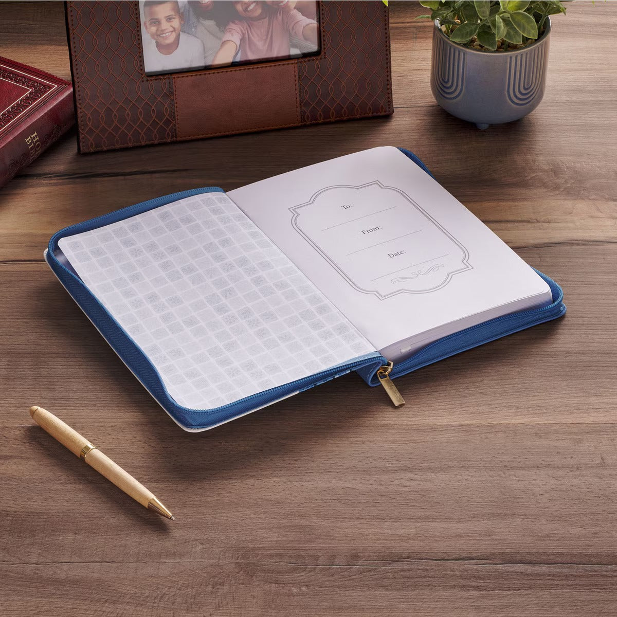 Love Blue Floral Tile Faux Leather Journal with Zipper Closure - John 3:16 - The Christian Gift Company