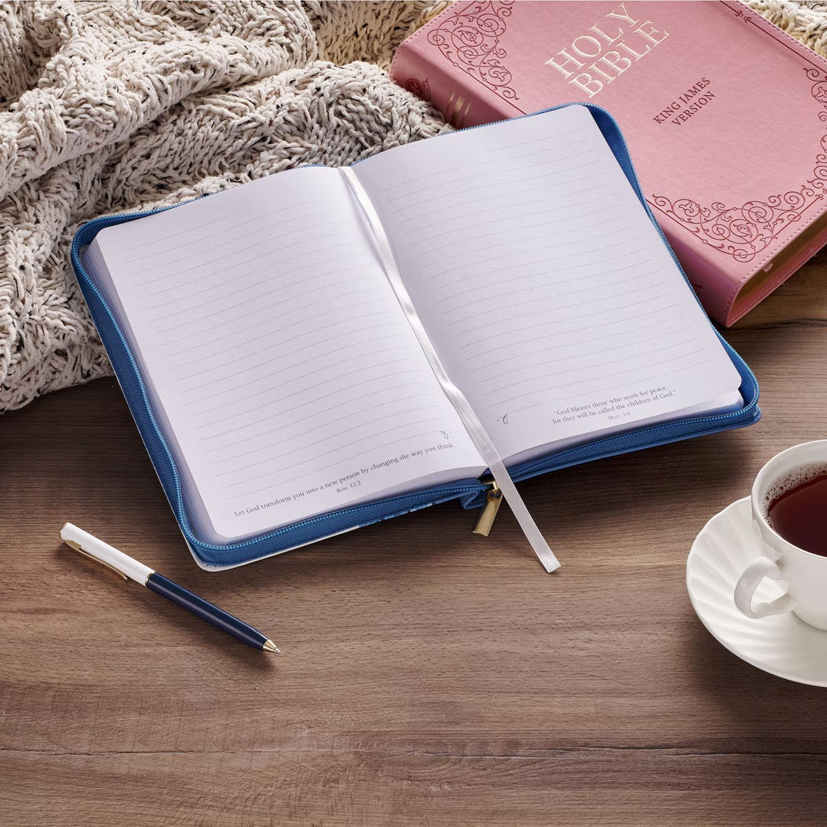 Love Blue Floral Tile Faux Leather Journal with Zipper Closure - John 3:16 - The Christian Gift Company