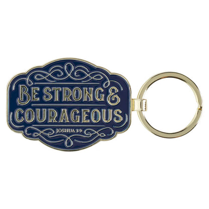 Strong and Courageous Blue Metal Keychain - Joshua 1:9 - The Christian Gift Company