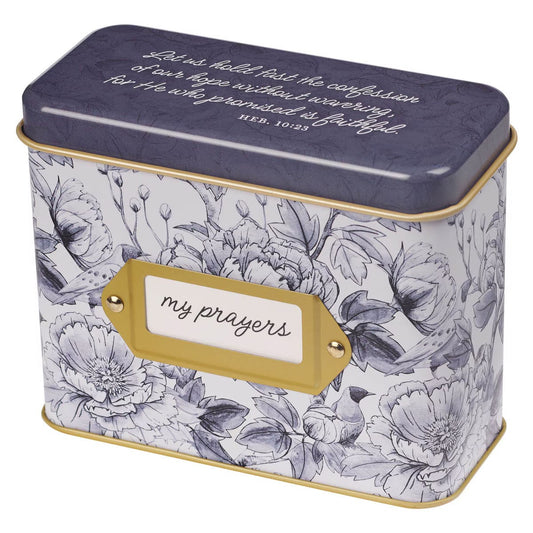 Confession of Our Hope Blue Floral Prayer Cards in Tin - Hebrews 10:23 - The Christian Gift Company