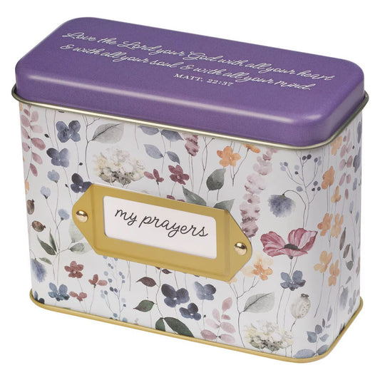 Love the Lord Purple Wildflower Prayer Cards in Tin - Matthew 22:37 - The Christian Gift Company