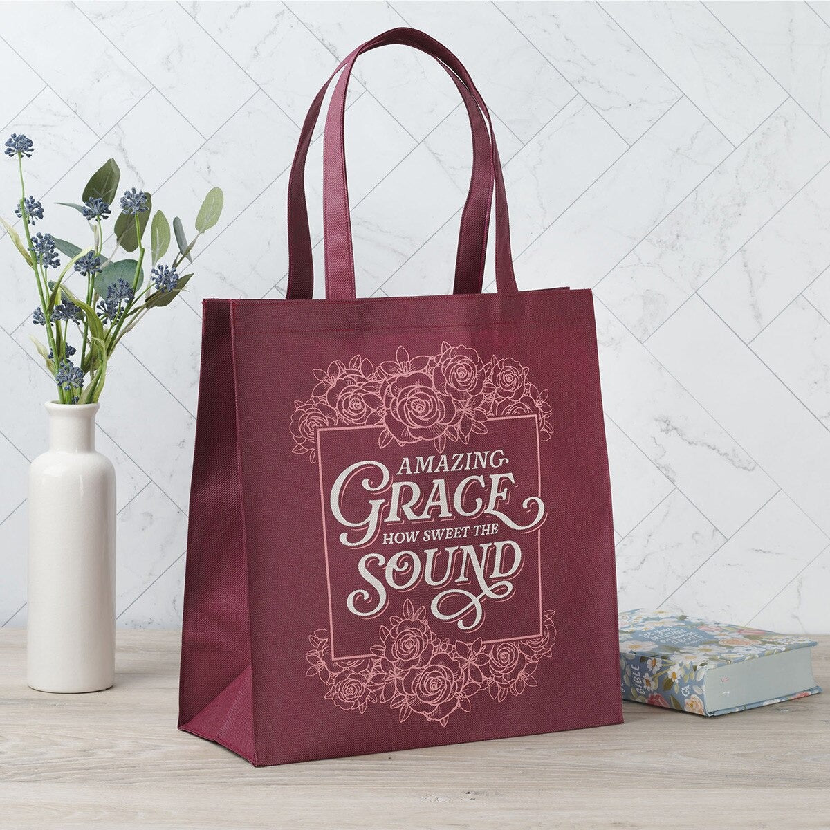 Amazing Grace Burgundy Reusable Non-woven Shopping Tote Bag - The Christian Gift Company