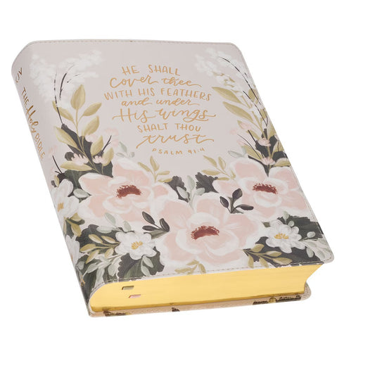 Cream Floral Faux Leather KJV Note-taking Bible - Psalm 91:4 - The Christian Gift Company