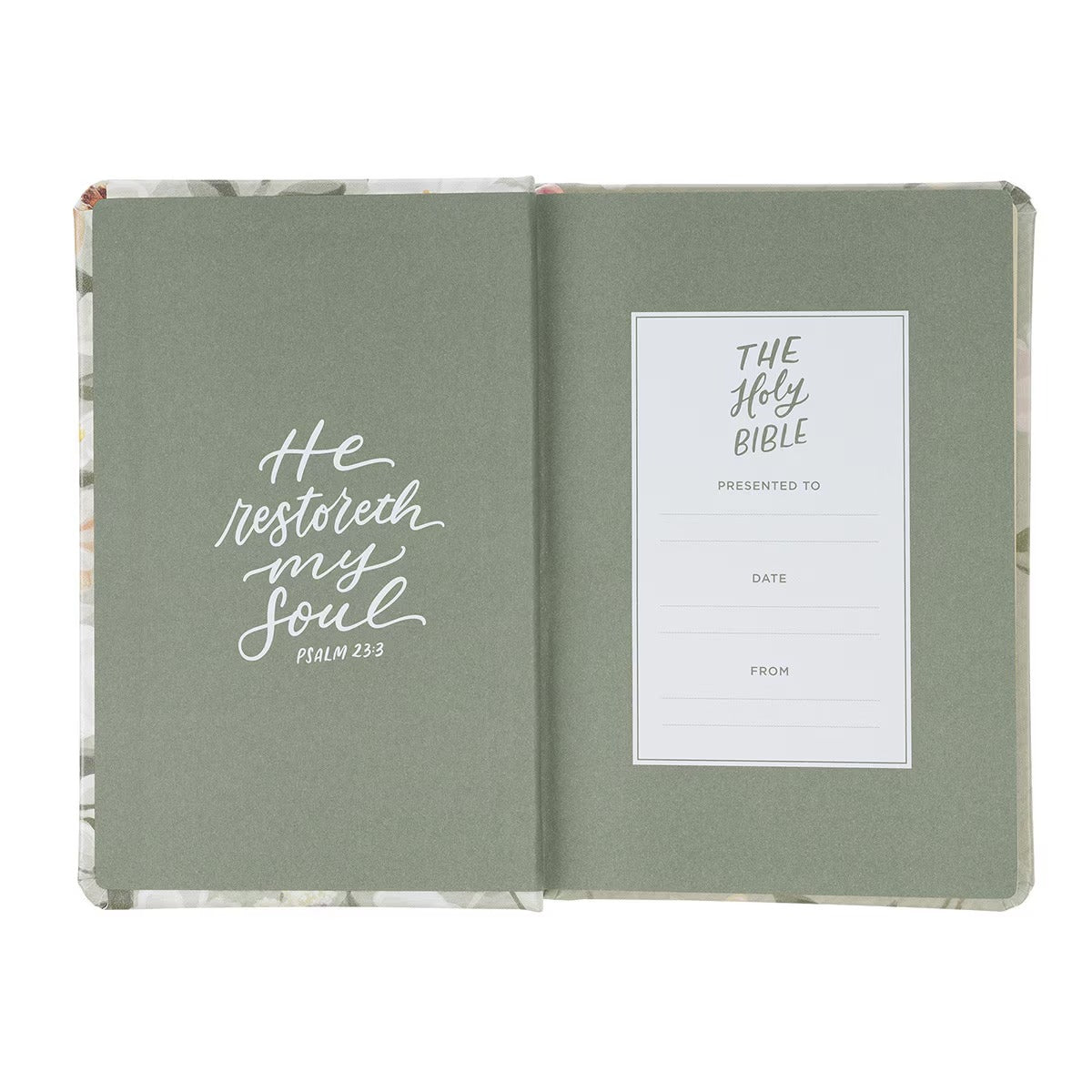 Lichen Grey Floral Faux Leather Hardcover King James Version Bible - Psalm 23:3 - The Christian Gift Company
