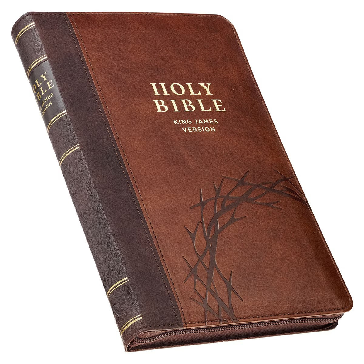Crown of Thorns Brown Faux Leather KJV Deluxe Gift Bible with Thumb Index and Zip - The Christian Gift Company