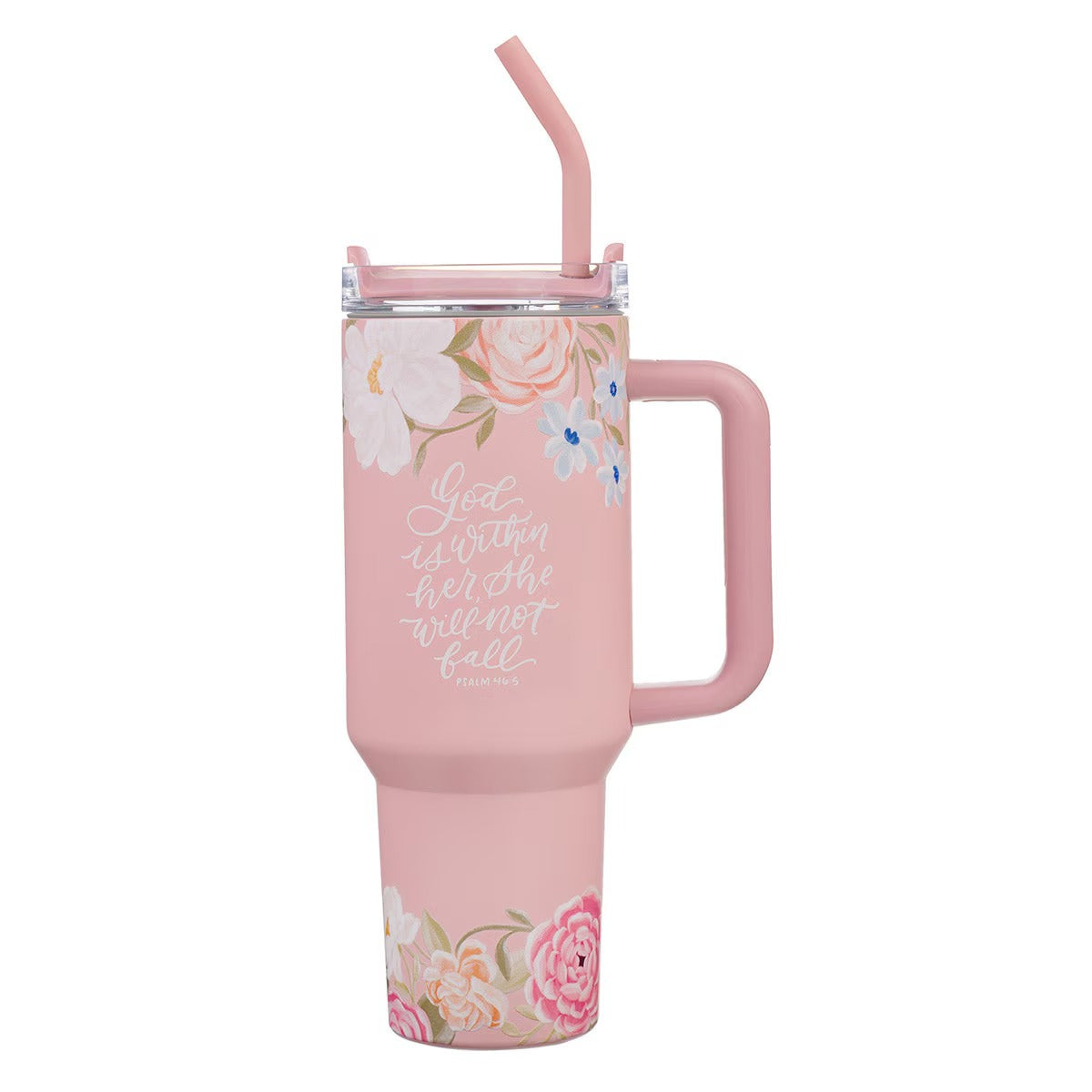 God is With Her Pink Floral 40 oz Stainless Steel Tumbler with Straw - The Christian Gift Company