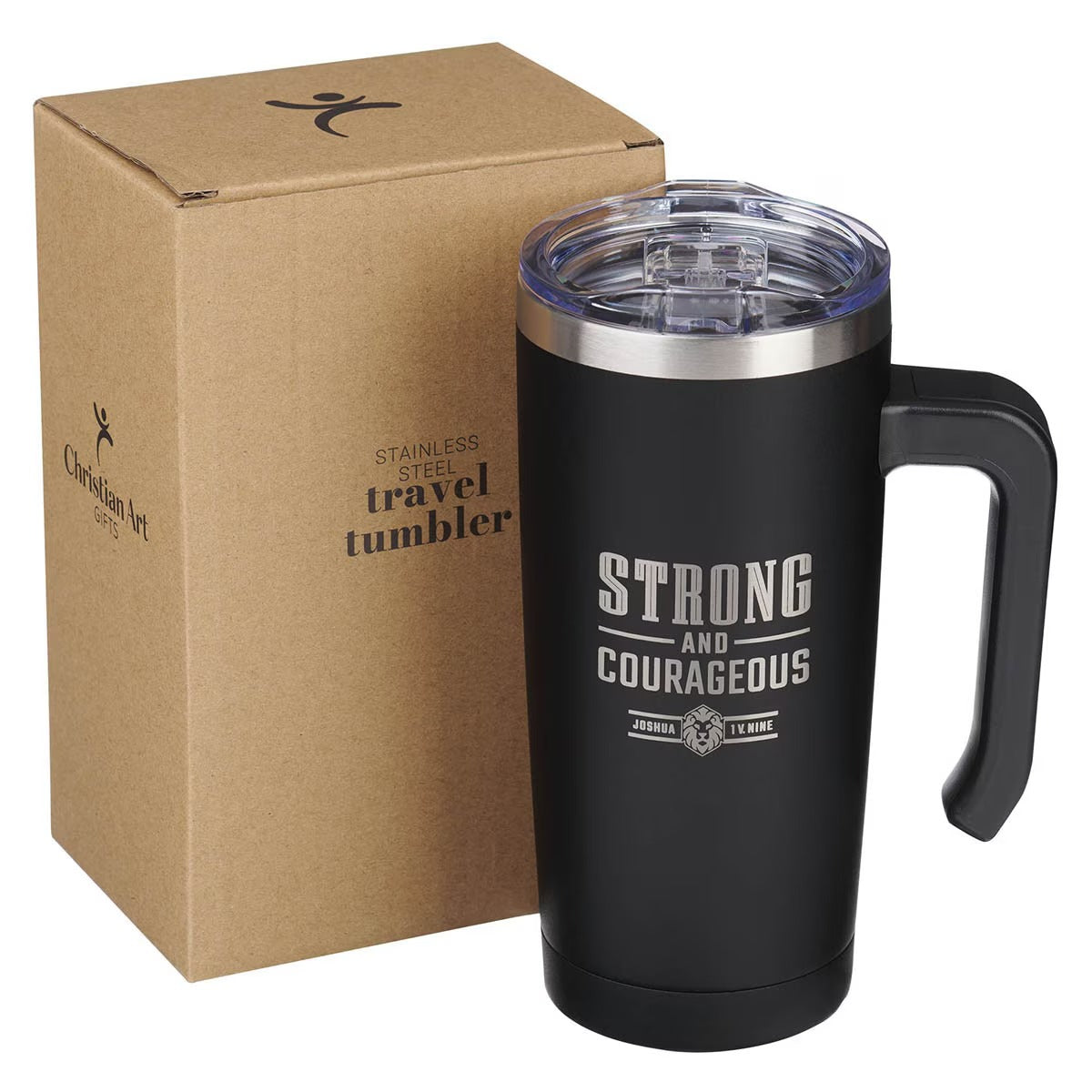 Strong and Courageous Black Stainless Steel Travel Mug with Handle - Joshua 1:9 - The Christian Gift Company