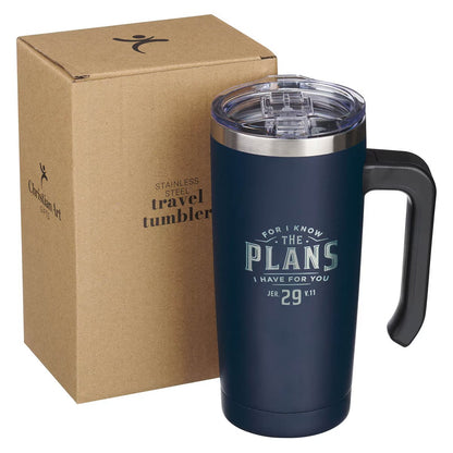 The Plans for You Navy Stainless Steel Travel Mug with Handle - Jeremiah 29:11 - The Christian Gift Company