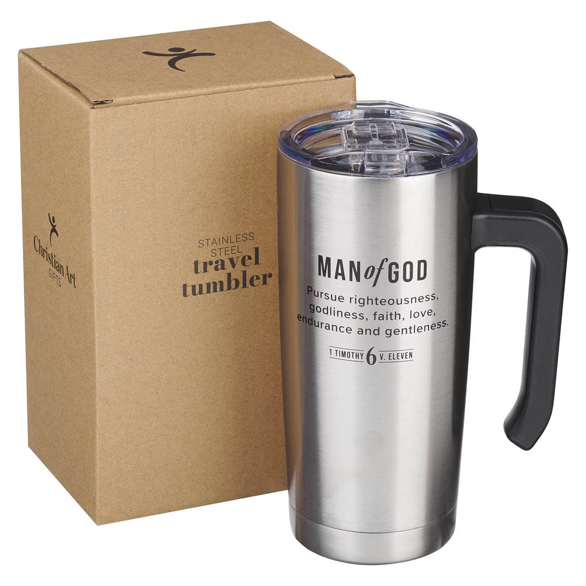 Man of God Stainless Steel Travel Mug with Handle - 1 Timothy 6:11 - The Christian Gift Company