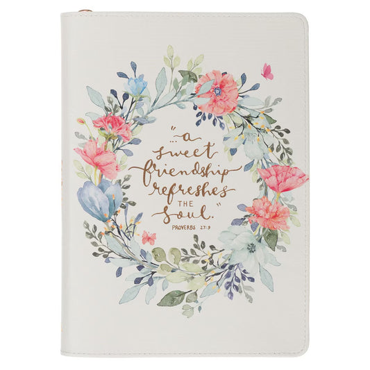 Sweet Friendship Floral Wreath Faux Leather Classic Journal with Zipper Closure - Proverbs 27:9