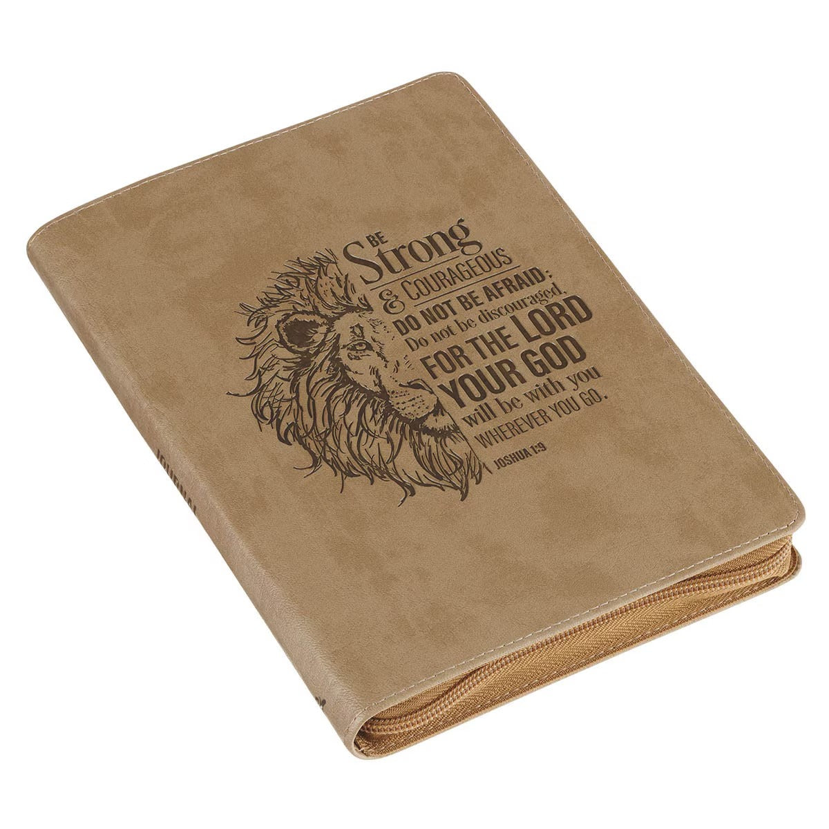 Be Strong and Courageous Lion Tan Faux Leather Journal with Zipper Closure - Joshua 1:9 - The Christian Gift Company