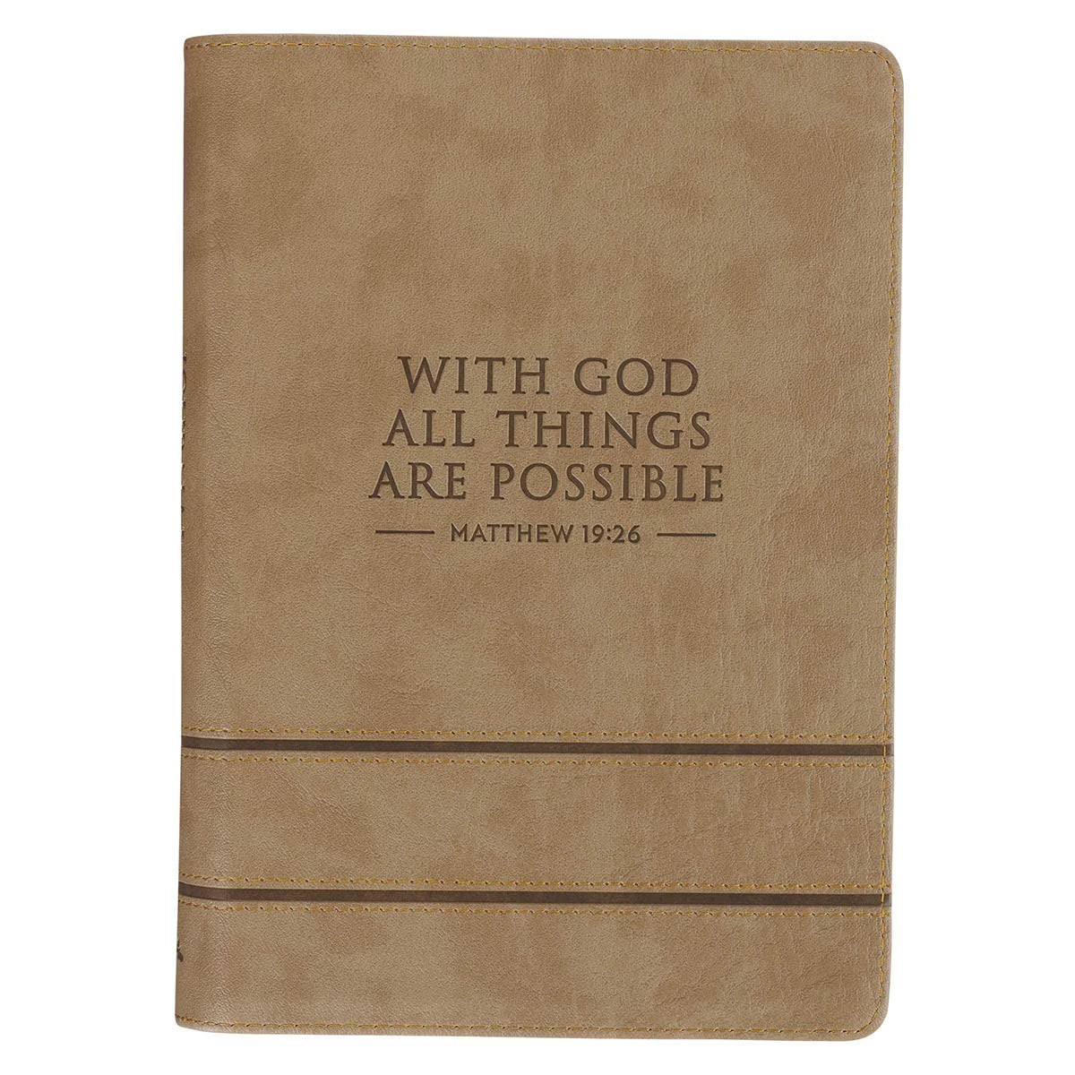 With God All Things Are Possible Tan Faux Leather Journal with Zipper Closure - Matthew 19:26 - The Christian Gift Company