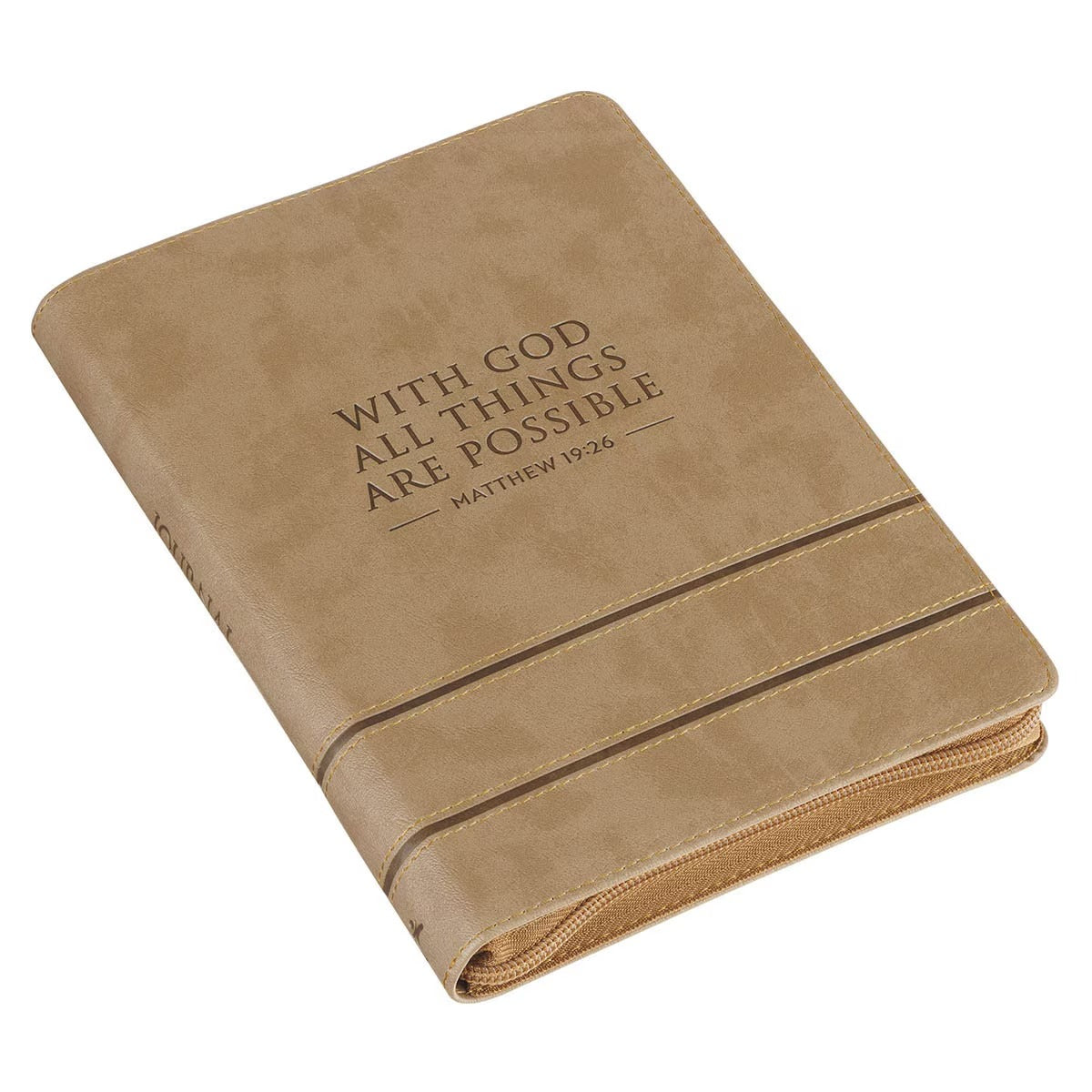 With God All Things Are Possible Tan Faux Leather Journal with Zipper Closure - Matthew 19:26 - The Christian Gift Company