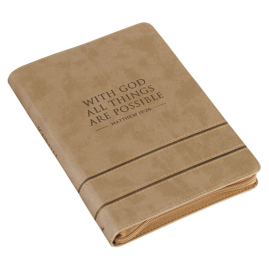 With God All Things Are Possible Tan Faux Leather Journal with Zipper Closure - Matthew 19:26 - The Christian Gift Company