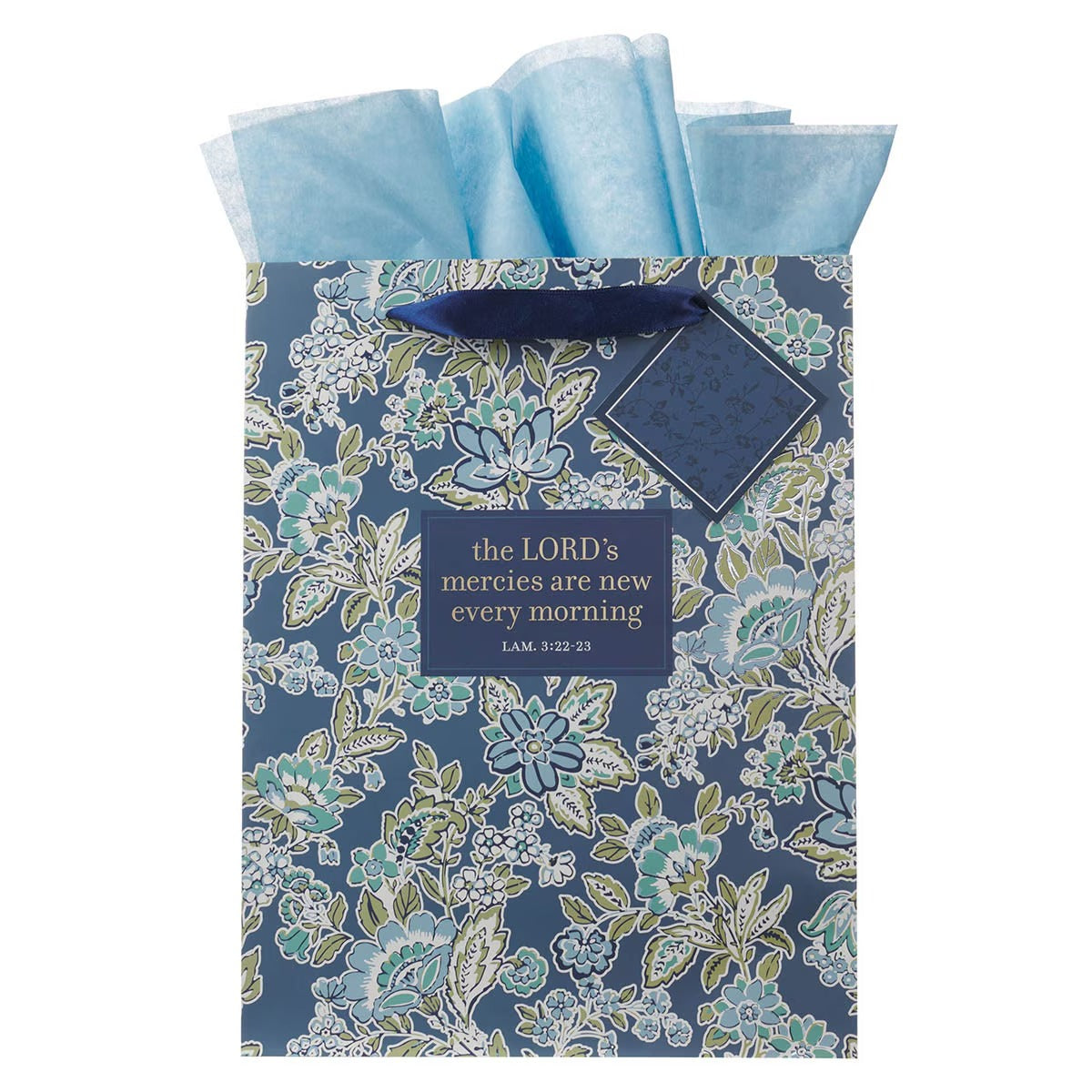 Morning Mercies Blue Green Floral Large Gift Bag Lam 3:22-23 - The Christian Gift Company