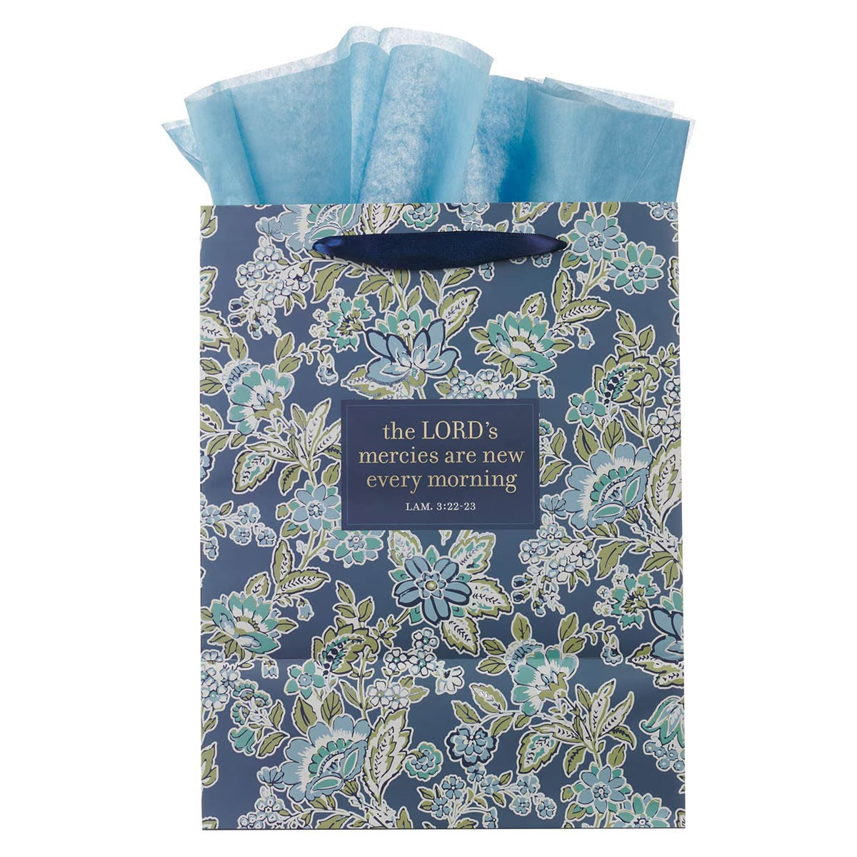 Morning Mercies Blue Green Floral Large Gift Bag Lam 3:22-23 - The Christian Gift Company