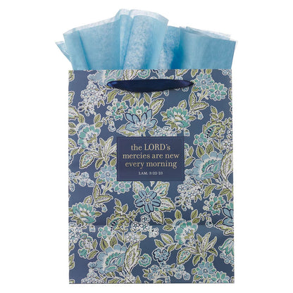 Morning Mercies Blue Green Floral Large Gift Bag Lam 3:22-23 - The Christian Gift Company