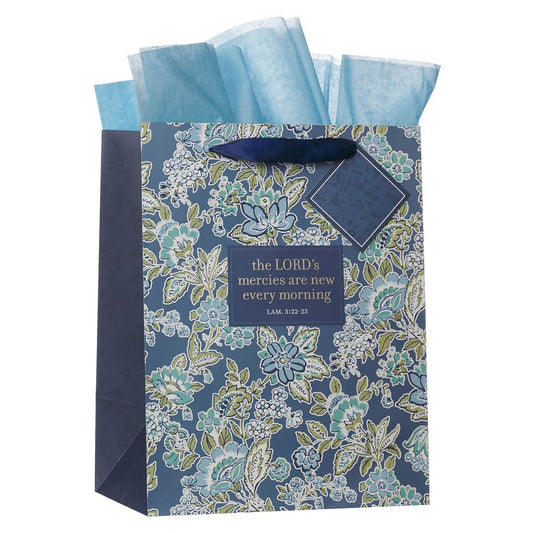 Morning Mercies Blue Green Floral Large Gift Bag Lam 3:22-23 - The Christian Gift Company