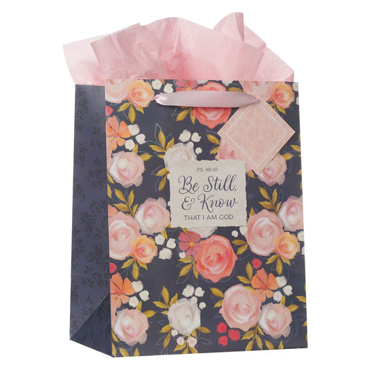 Be Still and Know Painted Peonies Large Portrait Gift Bag - Psalm 46:10 - The Christian Gift Company