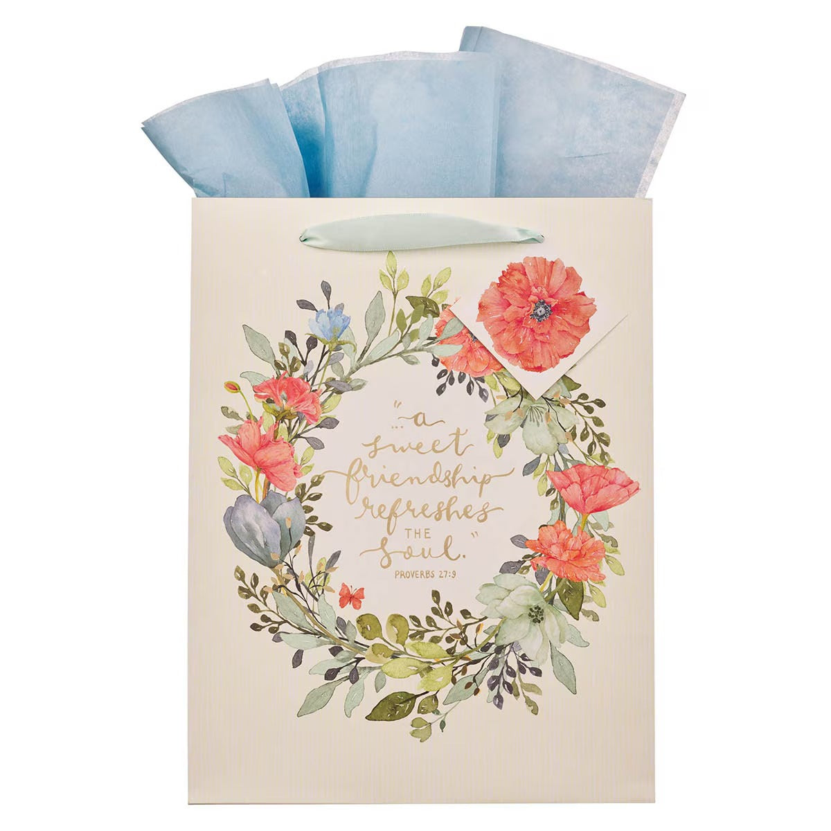 Sweet Friendship Bright Floral Wreath Large Portrait Gift Bag - Proverbs 27:9 - The Christian Gift Company